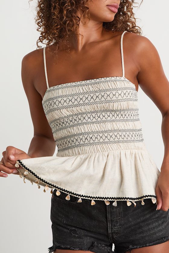 Bibiana Beige Embroidered Seashell Peplum Top 2