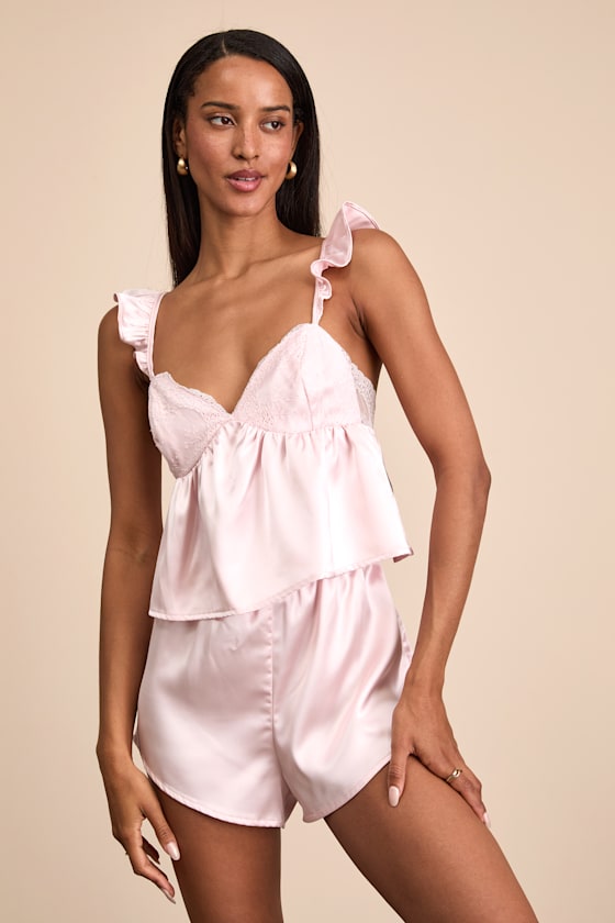Keona Light Pink Satin Lace Ruffled Two-Piece Pajama Set 1