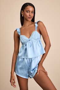 Keona Light Blue Satin Lace Ruffled Two-Piece Pajama Set 1