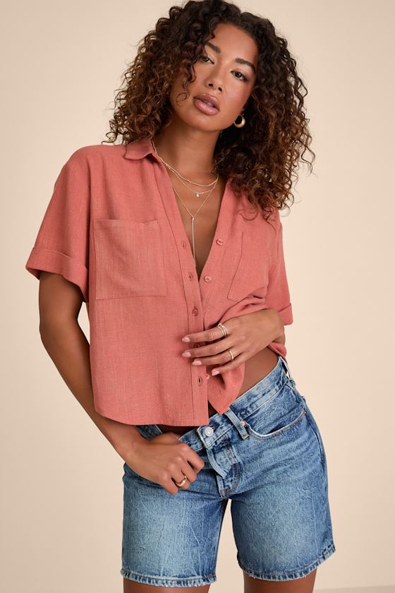 Summer Escapades Rust Red Linen Collared Button-Up Top 2