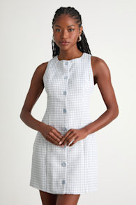 Aloriana Light Blue Gingham Tweed Button-Front Mini Dress 1