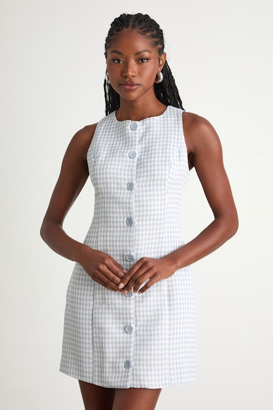 Aloriana Light Blue Gingham Tweed Button-Front Mini Dress 1