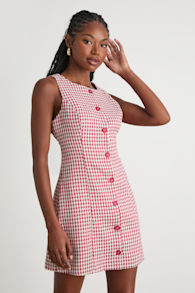 Aloriana Red Gingham Tweed Button-Front Mini Dress 1