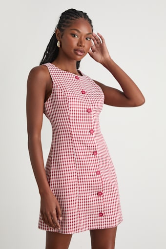 Aloriana Red Gingham Tweed Button-Front Mini Dress 1