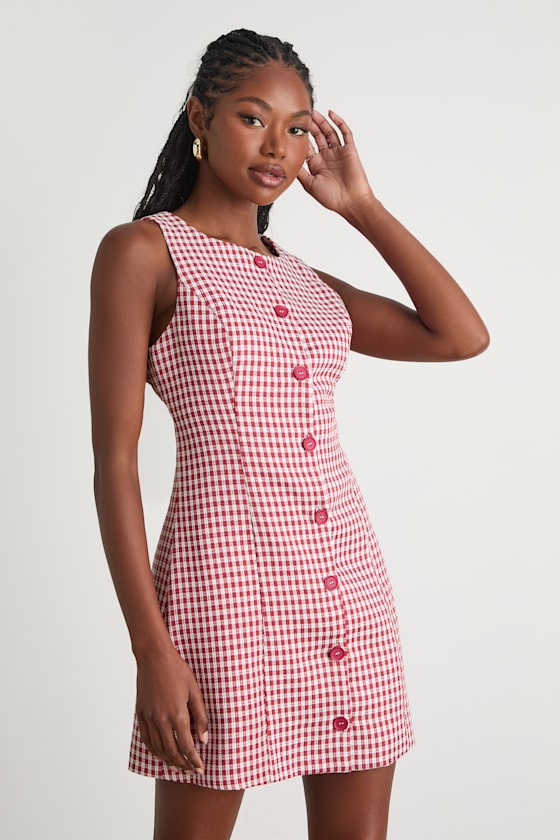 Aloriana Red Gingham Tweed Button-Front Mini Dress 1