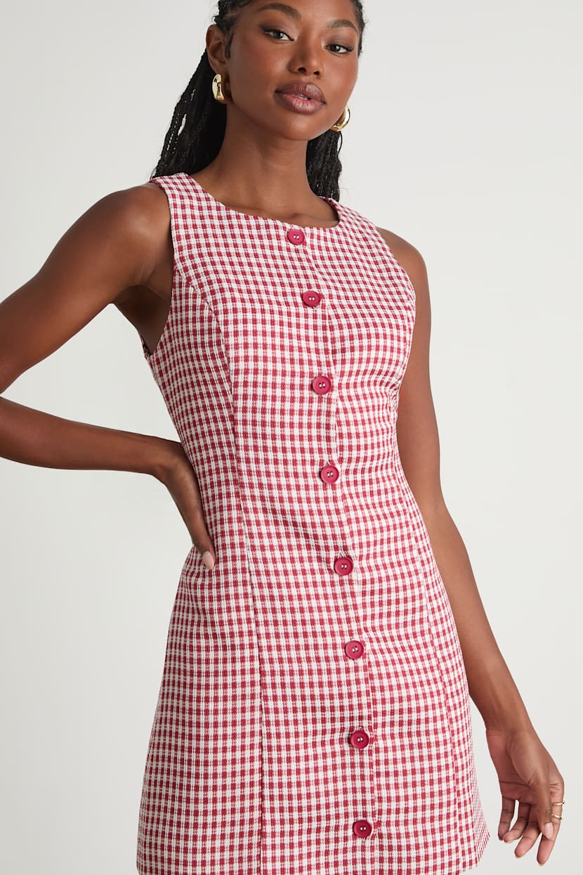 Lulus | Red Gingham Tweed Button-Front Mini Dress | Womens | Large (Available in XS, S, M, Xl) | 100% Polyester