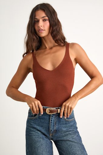 Emberlin Rust Brown Ribbed Low-Back Sleeveless Bodysuit 1