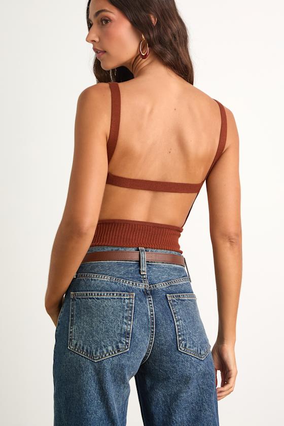 Emberlin Rust Brown Ribbed Low-Back Sleeveless Bodysuit 2