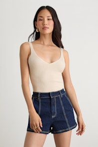 Emberlin Beige Ribbed Low-Back Sleeveless Bodysuit 1