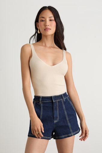 Emberlin Beige Ribbed Low-Back Sleeveless Bodysuit 1