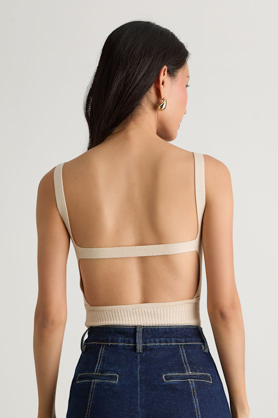Emberlin Beige Ribbed Low-Back Sleeveless Bodysuit 2