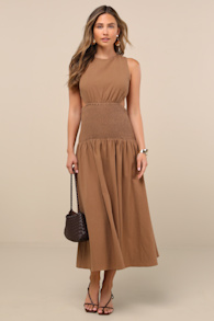 Melina Light Brown Backless Drop Waist Midi Dress 1