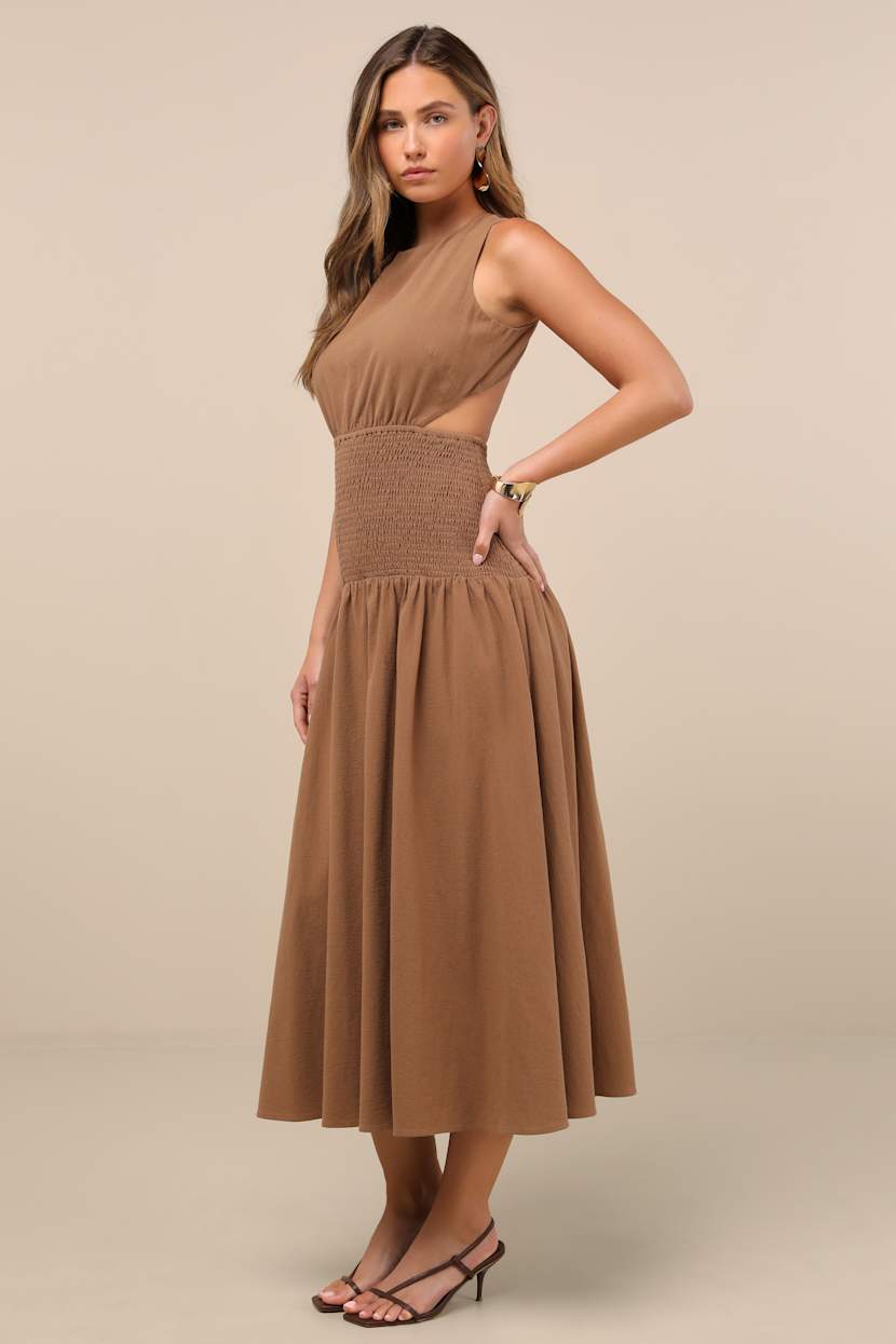 Light Brown Midi Dress - Backless Sundress - Drop Waist Dress - Lulus