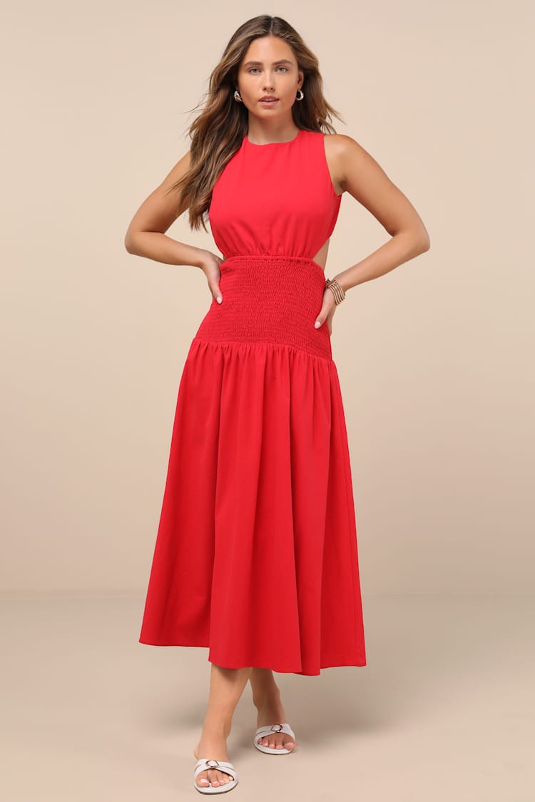 Melina Red Backless Drop Waist Midi Dress