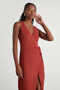 Kasper Rusty Red Pointelle Knit Wrap Midi Dress 1