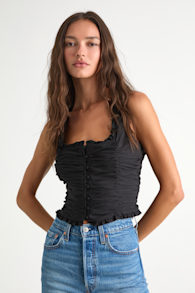 Rachael Black Ruched Button-Front Tank Top 1