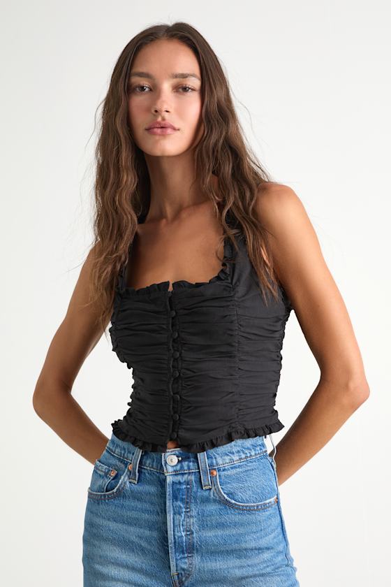 Rachael Black Ruched Button-Front Tank Top 1