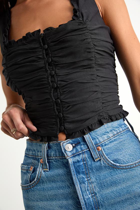 Rachael Black Ruched Button-Front Tank Top 2