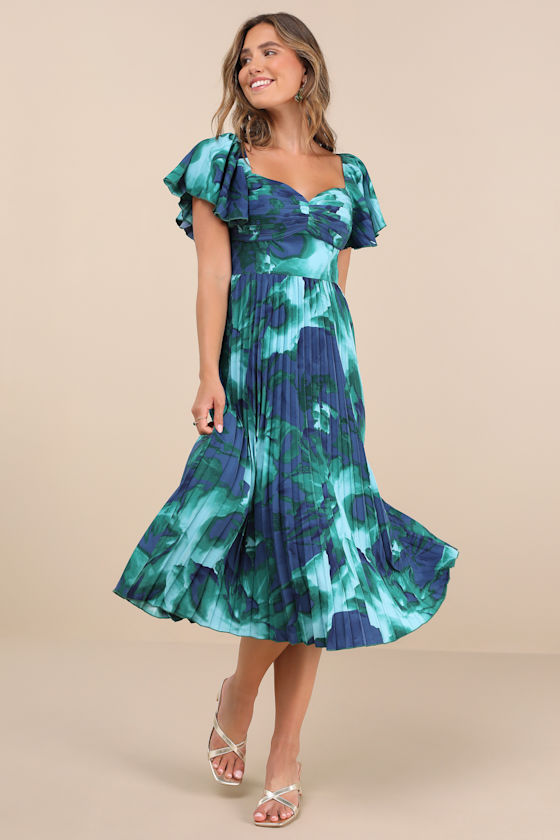 Authentically Yours Teal Multi Abstract Print Satin Midi Dress 1