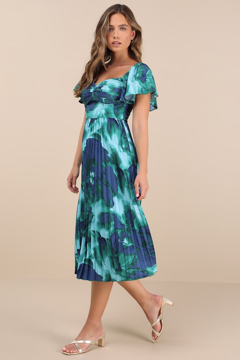 Teal Multi Abstract Print Dress - Pleated Dress - Midi Dress - Lulus
