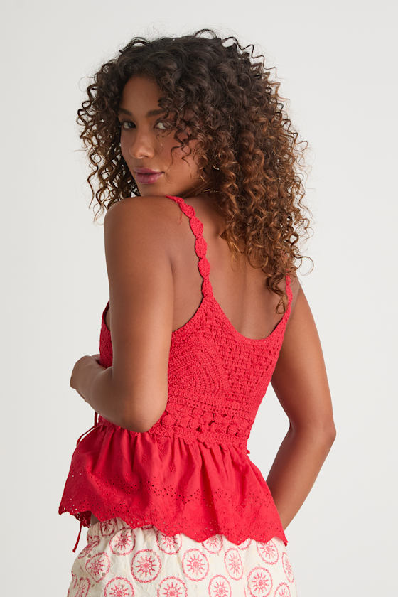 Red Mixed Media Top - Crochet Knit Top - Tie-Front Tank Top - Lulus