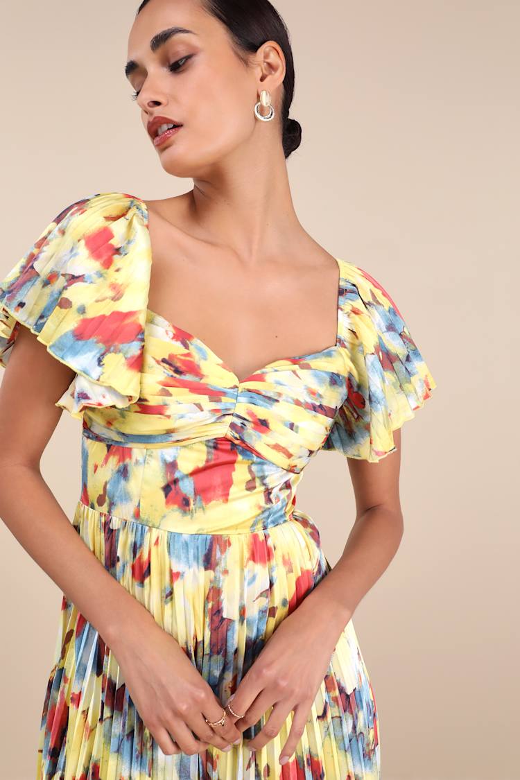 Authentically Yours Yellow Multi Abstract Print Satin Midi Dress