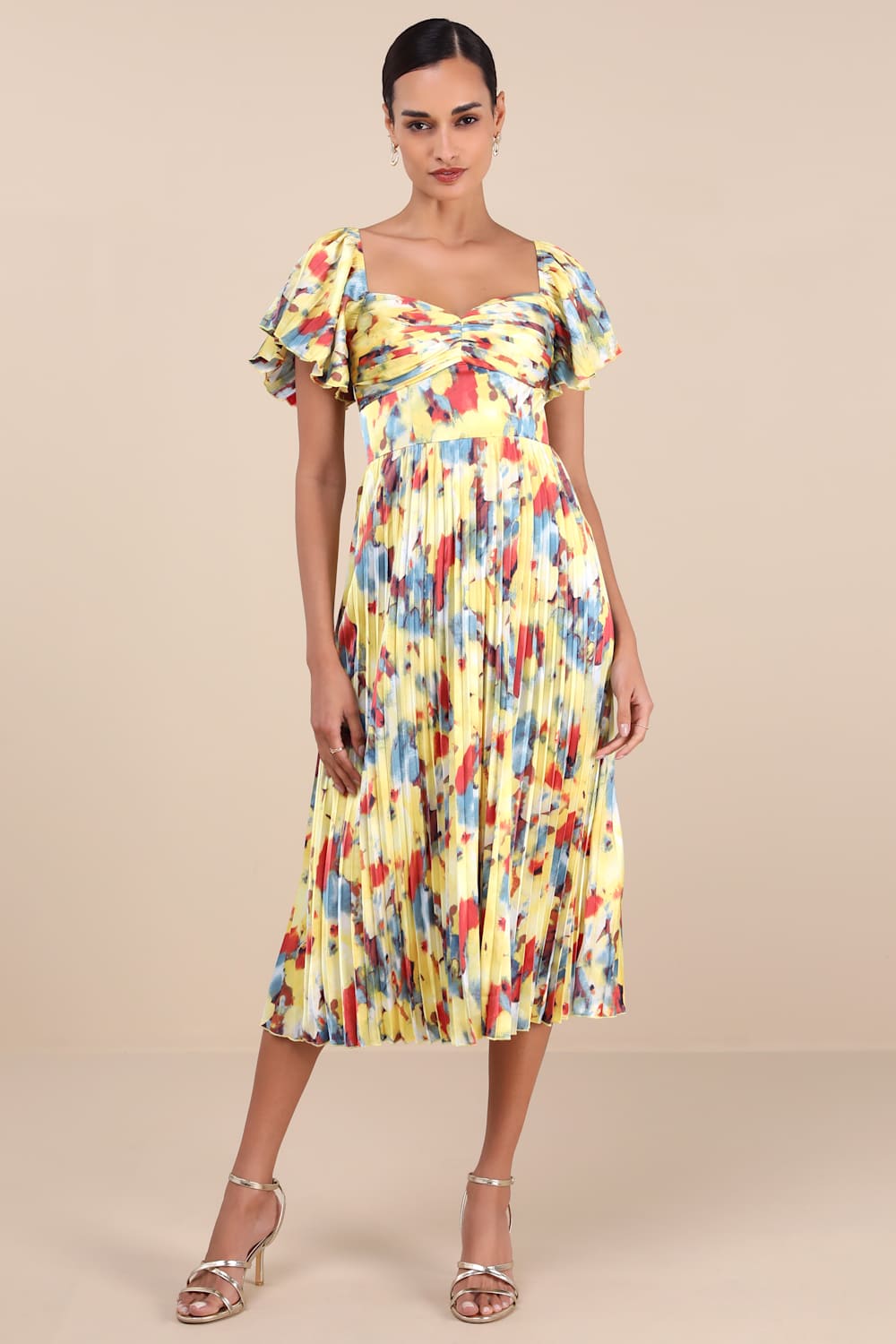 Authentically Yours Yellow Multi Abstract Print Satin Midi Dress