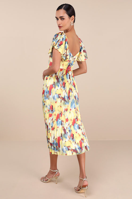 Image of Authentically Yours Yellow Multi Abstract Print Satin Midi Dress