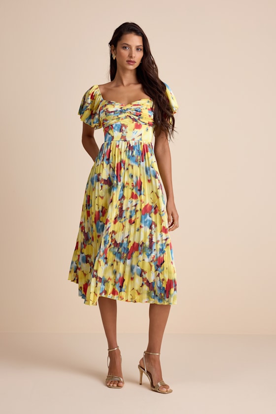Authentically Yours Yellow Multi Abstract Print Satin Midi Dress 2