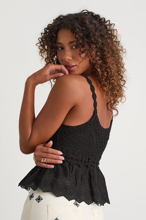 Black Mixed Media Top - Crochet Knit Top - Tie-Front Tank Top - Lulus