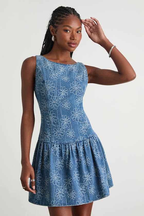 Kodi Medium Wash Floral Denim Drop Waist Mini Dress 1
