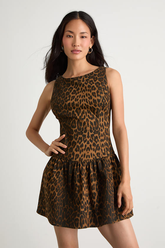 Kodi Brown Leopard Print Denim Drop Waist Mini Dress 3