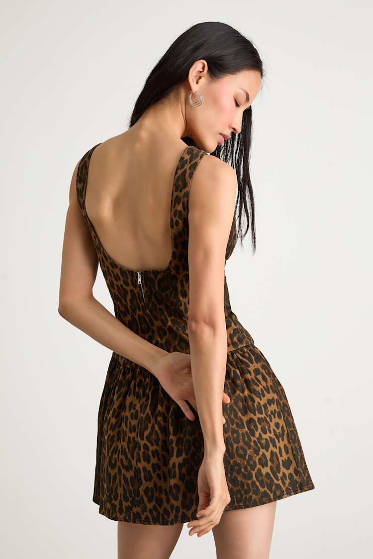 Brown Leopard Print Dress - Denim Mini Dress - Drop Waist Dress