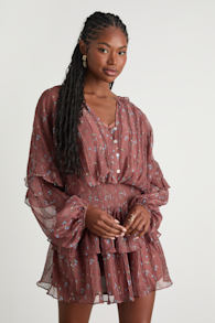 Christy Rust Floral Button-Front Long Sleeve Mini Dress 1