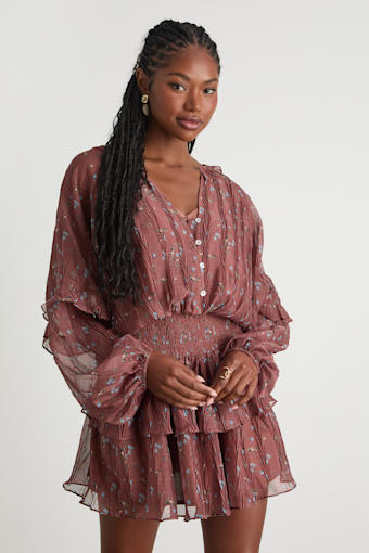 Christy Rust Floral Button-Front Long Sleeve Mini Dress 1