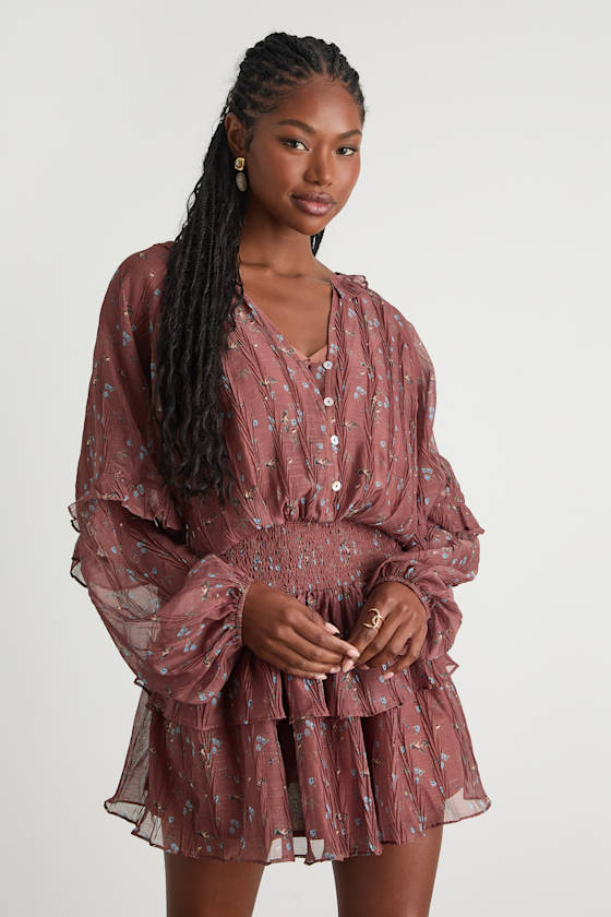 Christy Rust Floral Button-Front Long Sleeve Mini Dress 1