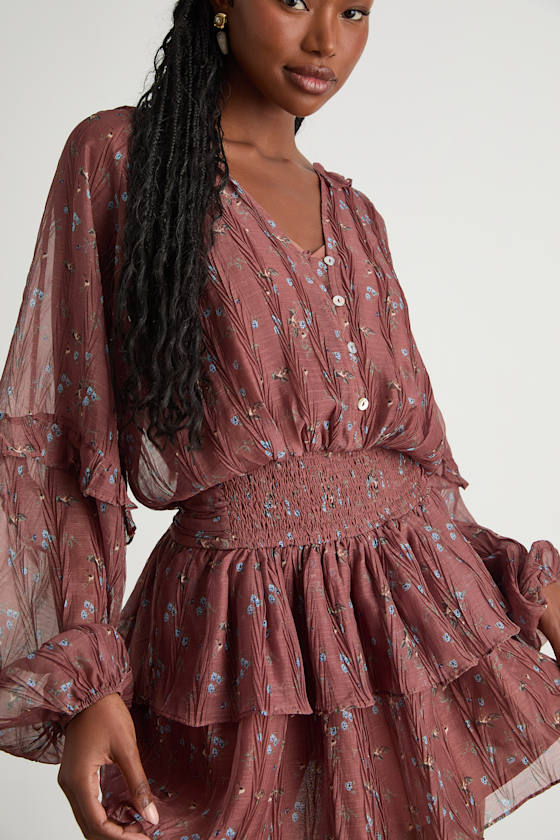 Christy Rust Floral Button-Front Long Sleeve Mini Dress 2