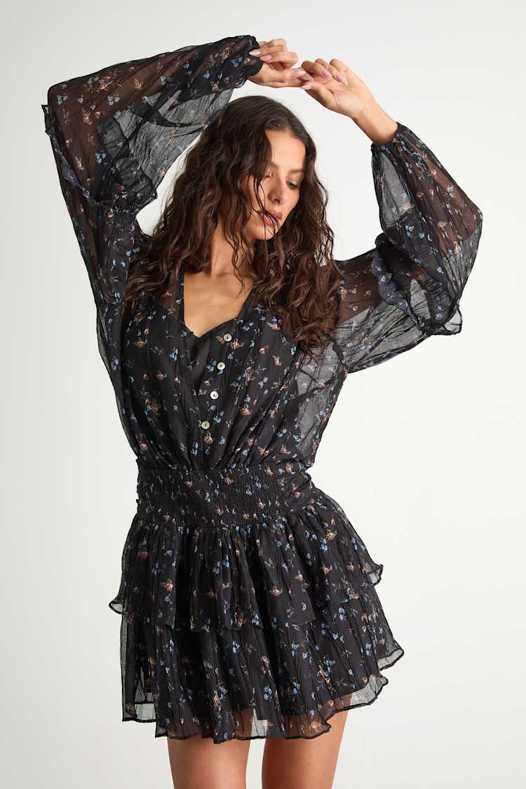 Lulus | Black Floral Button-Front Long Sleeve Mini Dress | Womens | X-Small (Available in S, M, L, XL)