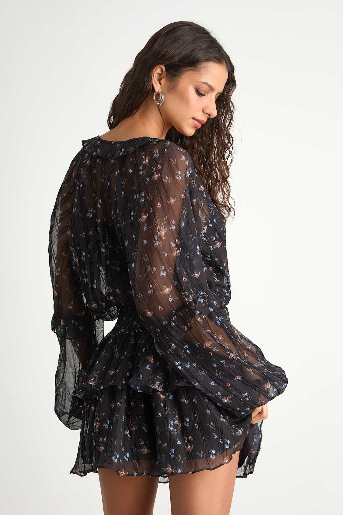 Christy Black Floral Button-Front Long Sleeve Mini Dress
