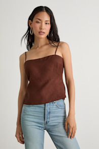 Wrynn Chocolate Brown Linen Tie-Back Tank Top 1