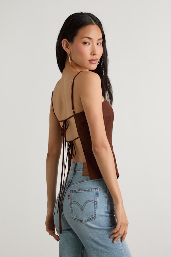 Wrynn Chocolate Brown Linen Tie-Back Tank Top 2