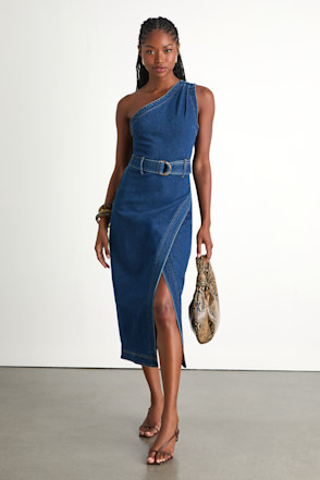 one shoulder denim dress Medium Wash Dress - Belted Denim Dress - One-Shoulder Midi Dress