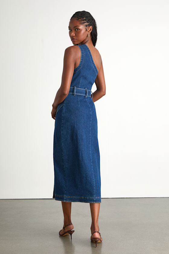 Medium Wash Dress - Belted Denim Dress - One-Shoulder Midi Dress
