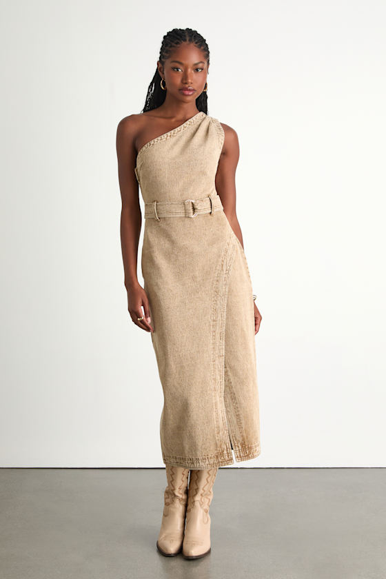 Avelina Washed Tan Denim One-Shoulder Belted Midi Dress 1