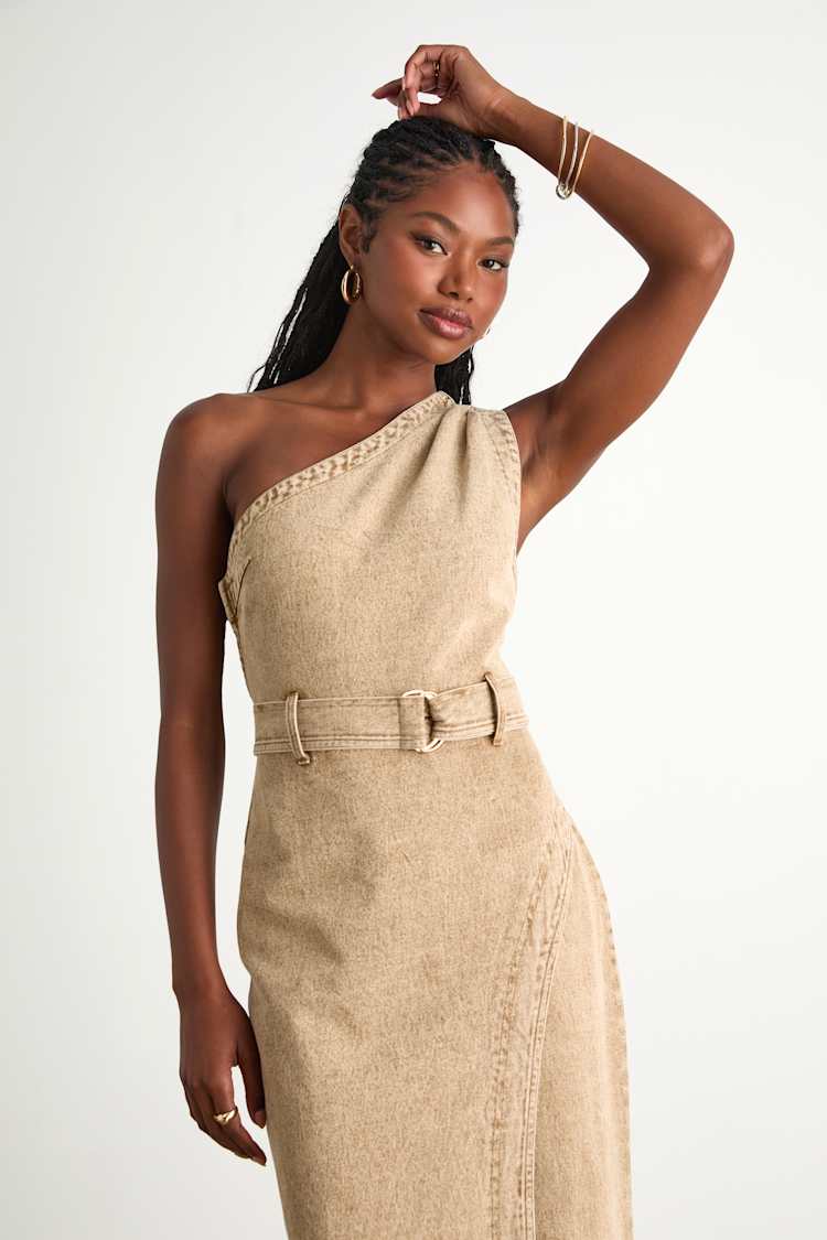 Tan Denim One-Shoulder Belted Midi Dress | Womens | Medium (Available in XS, S, L, XL) | Cotton/Polyester/Spandex | Lulus