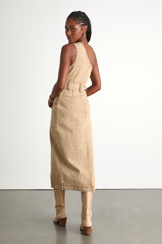 Washed Tan Dress - Belted Denim Dress - One-Shoulder Midi Dress