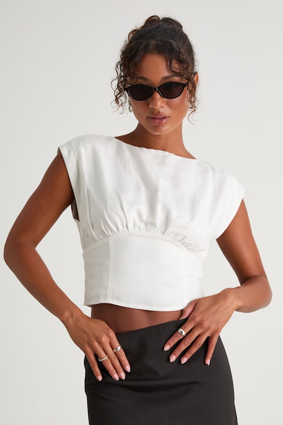 Ivory Cap Sleeve Top - Linen-Blend Top - Boat Neck Top - Top