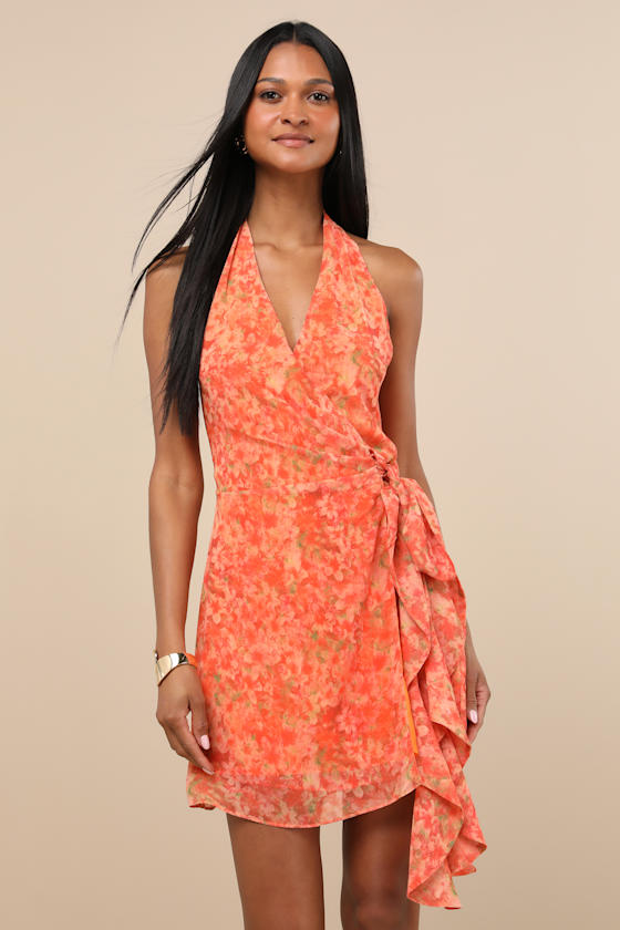 Felicita Orange Floral Halter Wrap Mini Dress 1