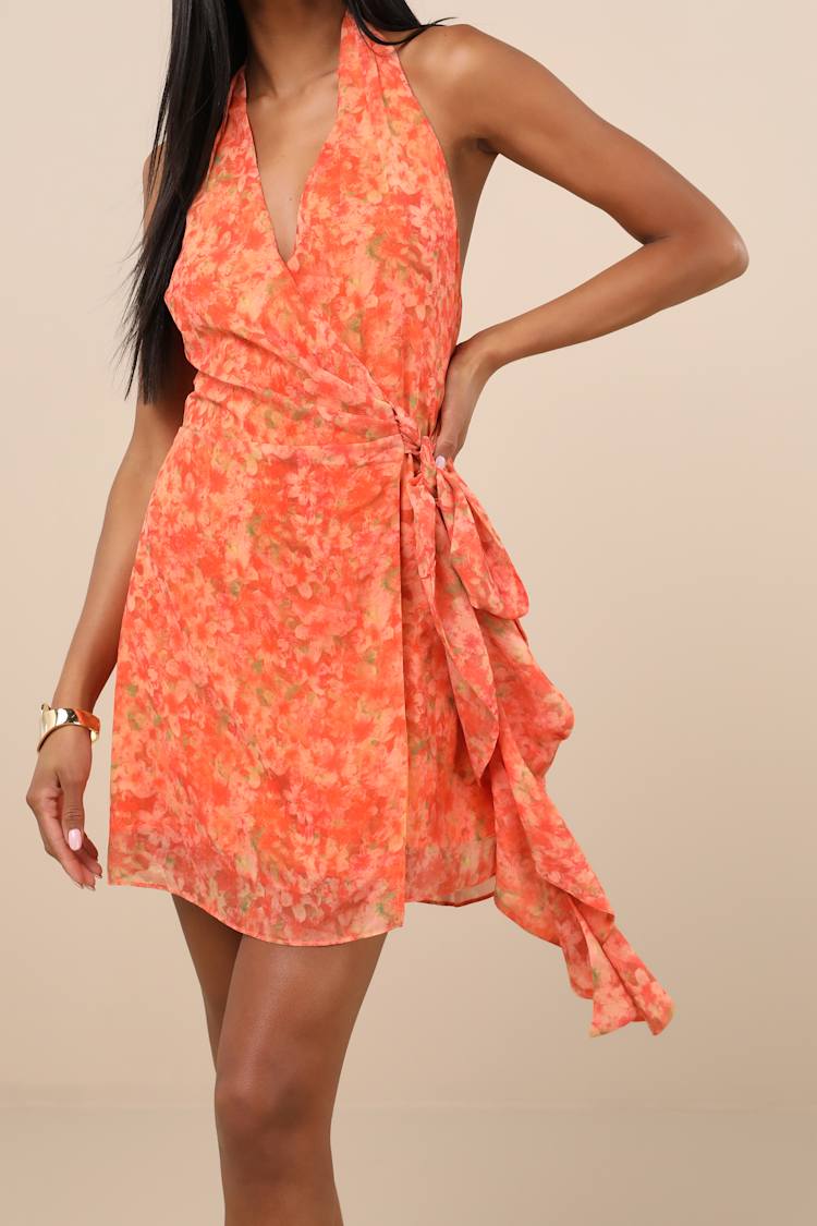 Felicita Orange Floral Halter Wrap Mini Dress