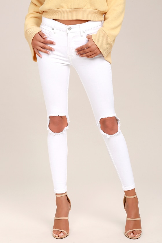 High Rise Busted White Distressed Skinny Jeans